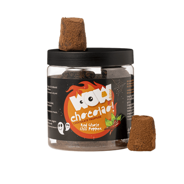 Rote-Ghost-Chili-Pfeffer-Trüffel Geschenkglas 130g | Würzige Halloween-Schokolade
